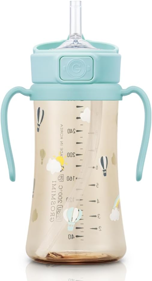 GROSMIMI Flip Top Spill Proof Sippy Cup, PPSU, BPA Free, 10 oz, Stage 2 Straw for Toddlers (Air balloon)