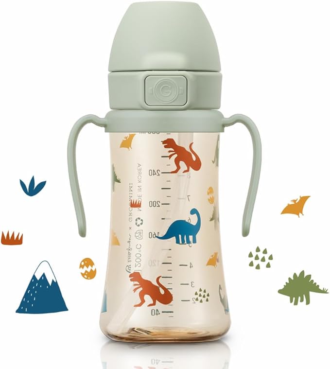 GROSMIMI Flip Top Spill Proof Sippy Cup, PPSU, BPA Free, 10 oz, Stage 2 Straw for Toddlers (Dinosaur)