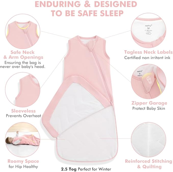 HAPIU Rayon Made from Bamboo Winter Baby Sleep Sack 2.5 TOG, 2-Way Zipper YKK, Warm Quilted Wearable Blanket