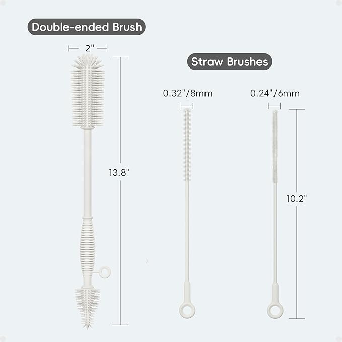 Baby Bottle Brush and Straw Cleaner Brush Set, Extra Long Double-Ended Soft Silicone Brush Cleaner for Baby Bottles, Water Bottles, Cups, Breast Pumps, Detachable & Hangable