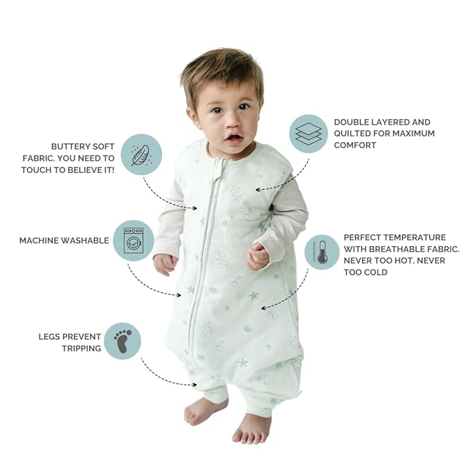 Tealbee Dreamsuit Toddler Sleep Sack with Feet – Walker Sleep Bag with Legs, Rayon made from Bamboo, Winter 1.5 TOG, 2-Way Zipper, 12m-2T - Seashell