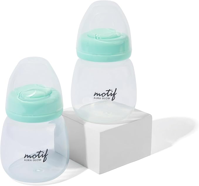 Motif Medical Breast Milk Storage Bottles for Aura Glow Breast Pump - Durable Plastic Breastfeeding Essentials w/Disks, Covers & Nipple Caps - Breast Milk Container (Set of 2, 6oz)