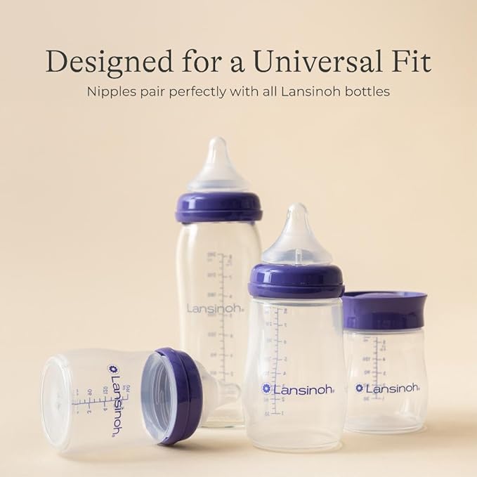 Lansinoh Anti-Colic Baby Bottles for Breastfeeding Babies, 8 Ounces, 3 Count, Includes 3 Medium Flow Nipples, Size M