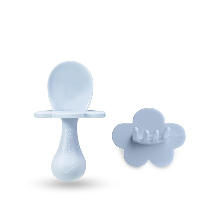 Grabease Baby Spoon & Fork Set with Case - Ergonomic Baby Utensils for Tiny Hands - Short Spoons for Self-Feeding - Training Fork for Toddlers - Ice Blue, Pack of 1