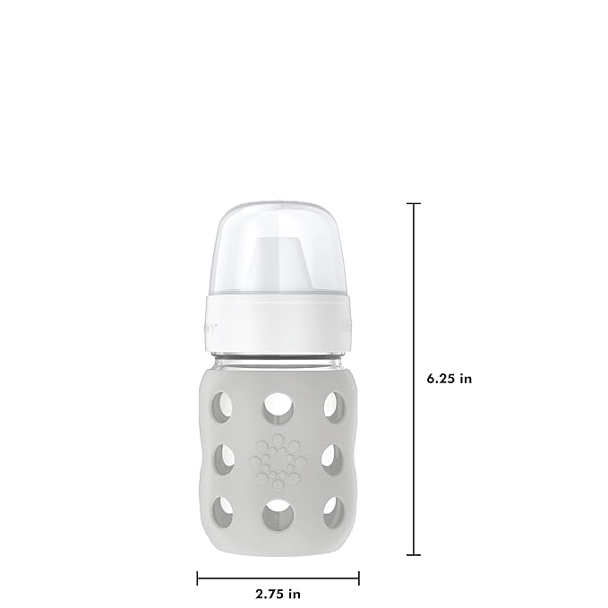 Lifefactory 8-Ounce Wide Neck Glass Baby Bottle with Protective Silicone Sleeve and Hard Sippy Spout, Stone Gray (LG2221WCG4)