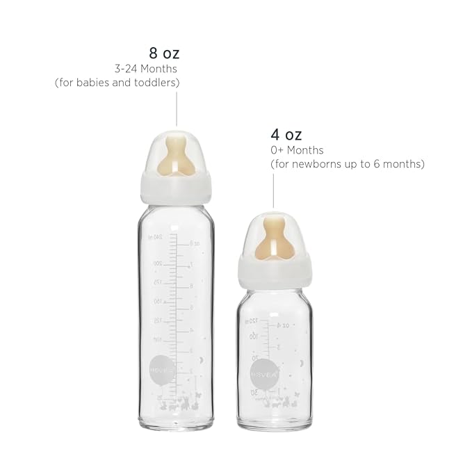 HEVEA Standard Neck Glass Baby Bottles - Natural Rubber Medium Flow Nipples - Anti Colic Baby Bottles for Breastfeeding Babies - 3+ Months - BPA-Free, Single-Pack (8 Oz)