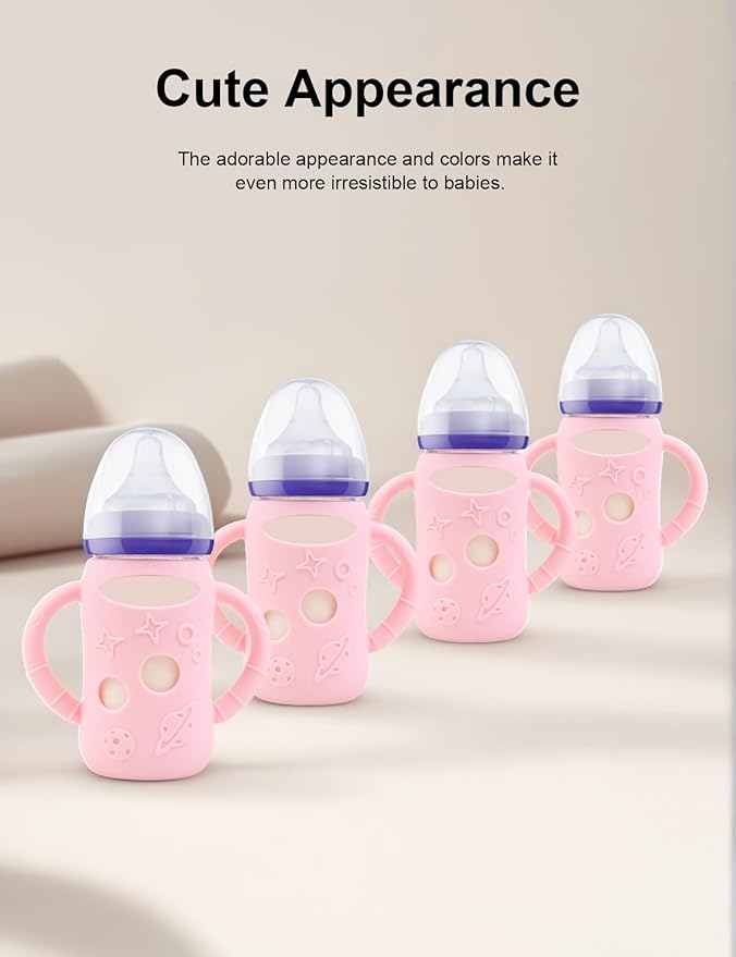 ZCH 4-Pack Silicone Sleeves with Handles for Lansinoh Glass Bottles, BPA-Free Drop-Resistant Baby Bottle Sleeves with Handles, Compatible with Lansinoh Anti-Colic Glass Baby Bottles (5 oz)