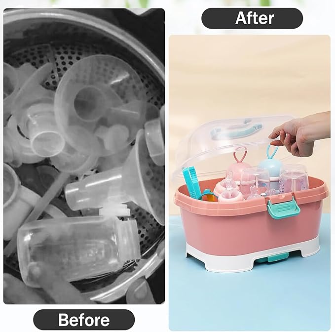 Baby Bottle Organizer for Storage, Baby Bottle Storage Large Capacity with Lid Cover Anti-Dust Protection and Cutlery Storage Drying Rack Portable Large Capacity Bottle Organizer(Pink)