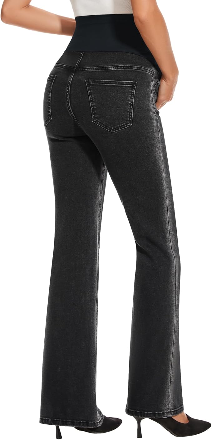GLAMIX Women's Stretch Maternity Bootcut Jeans with Pockets Over The Belly Bell Bottoms Flare Denim Pants Pregnancy Clothes