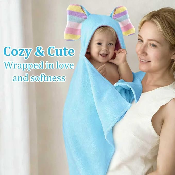 Thick Baby Hooded Bath Towel - 100% Cotton,500GSM, 33x31.5 Inches,0-2Years, Super Absorbent Large Towel with Cute Elephant Ears Hood for Newborn,Toddler,infant,Baby Essentials,Light Blue