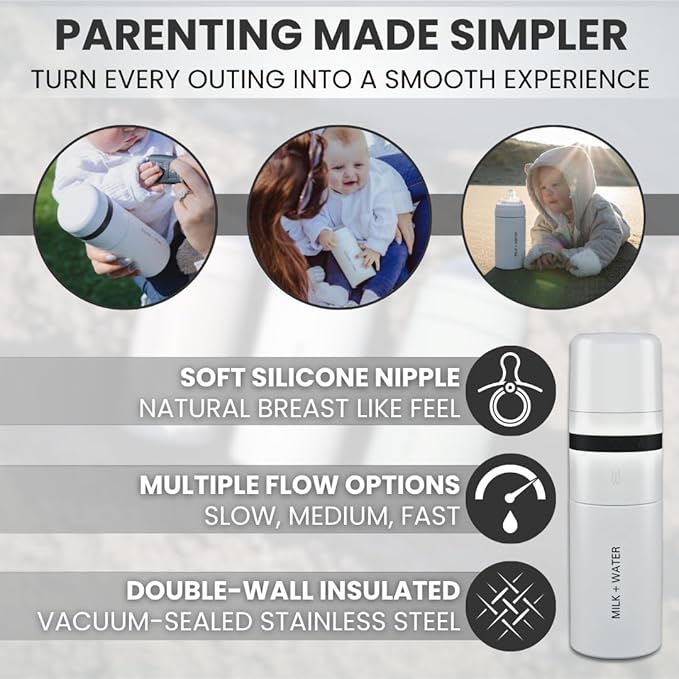 MILK & WATER All in One Baby Bottle & Baby Formula Dispenser On The Go, 9oz - Keeps Water Warm & Formula Fresh - Baby Formula Mixing Bottle with Anti Colic Nipple - Leak-Proof - 3+ Months (White)