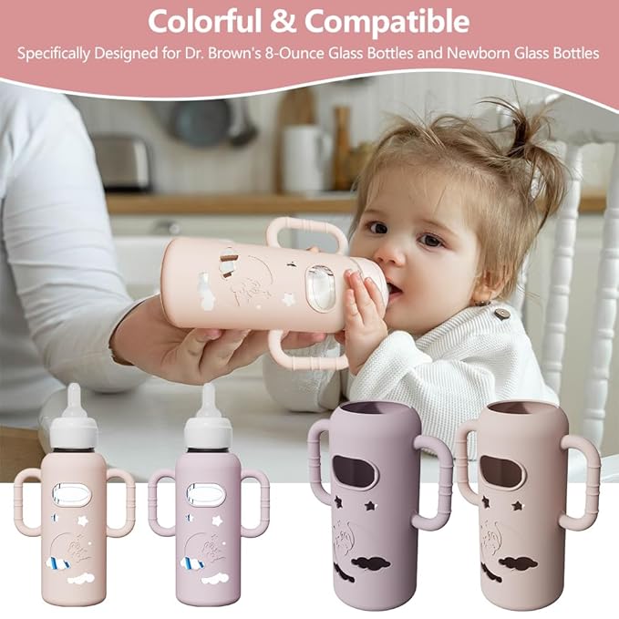 2 Pack Silicone Sleeves for Dr Brown's Glass Bottles, Drop Protection Bottle Sleeves with Handles, Anti Breakage Baby Bottle Protector Compatible with Dr. Brown's Newborn Glass Bottles,8 oz