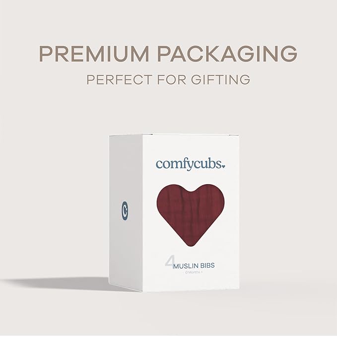 Comfy Cubs Muslin Bibs for Babies, Pack of 4 - Soft and Highly Absorbent, Feeding, Drool and Teething Bib, Adjustable Snaps - Stylish & Colorful Unisex Designs, Giftable Set - Wine