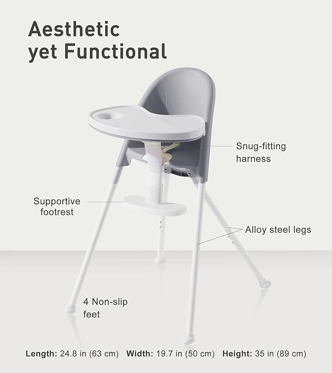 Funny Supply 3-in-1 Cute Folding High Chair, High Chairs for Babies and Toddlers, Modern Space Saving Highchair with Removable Double Tray, Easy to Clean, Light Weight Baby Feeding Chair, Gray