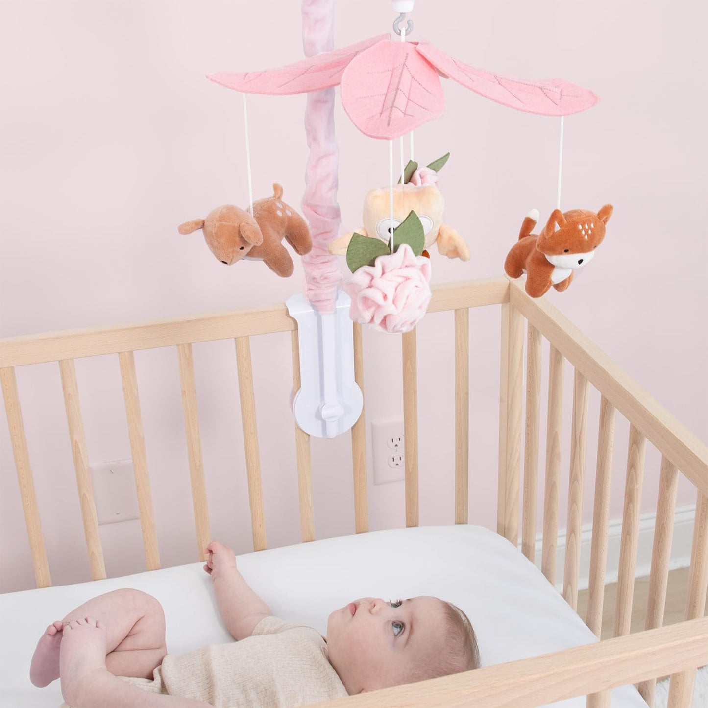 The Peanutshell Crib Mobile for Girls - Pink and White Musical Baby Crib Mobile with 12 Lullabies, Forest Baby Little Forest Nursery Decor