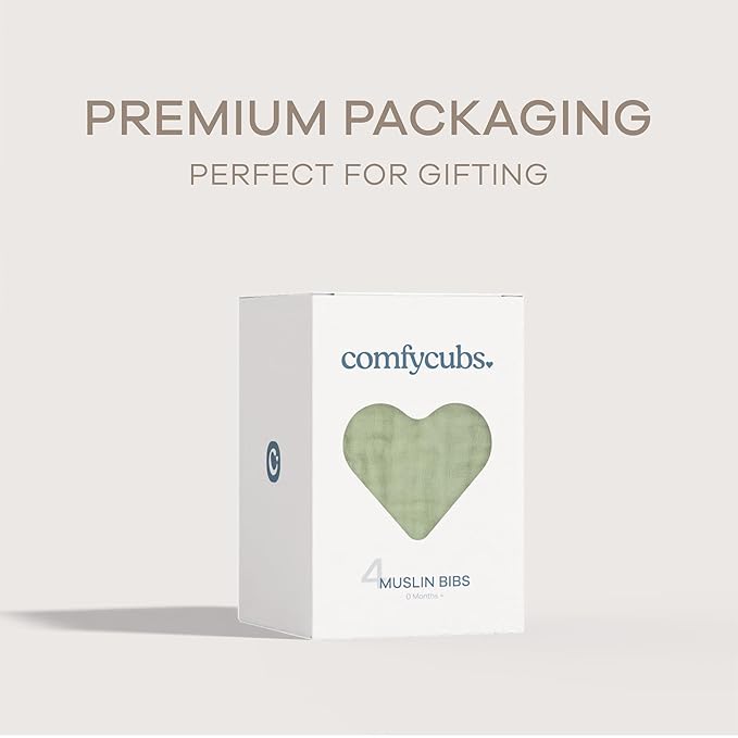 Comfy Cubs Muslin Bibs for Babies, Pack of 4 - Soft and Highly Absorbent, Feeding, Drool and Teething Bib, Adjustable Snaps - Stylish & Colorful Unisex Designs, Giftable Set - Sage