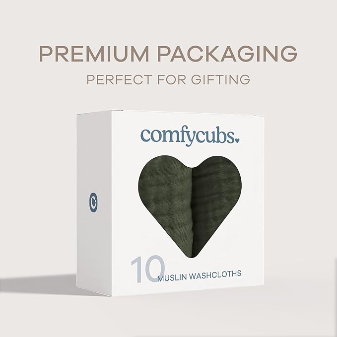 Comfy Cubs Muslin Baby Washcloths 10 Pack - Soft 6-Layer Cotton Wash Cloths for Sensitive Skin - 10"x10" Large, Gentle, Absorbent Infant Essentials for Newborn and Toddlers - Kelp