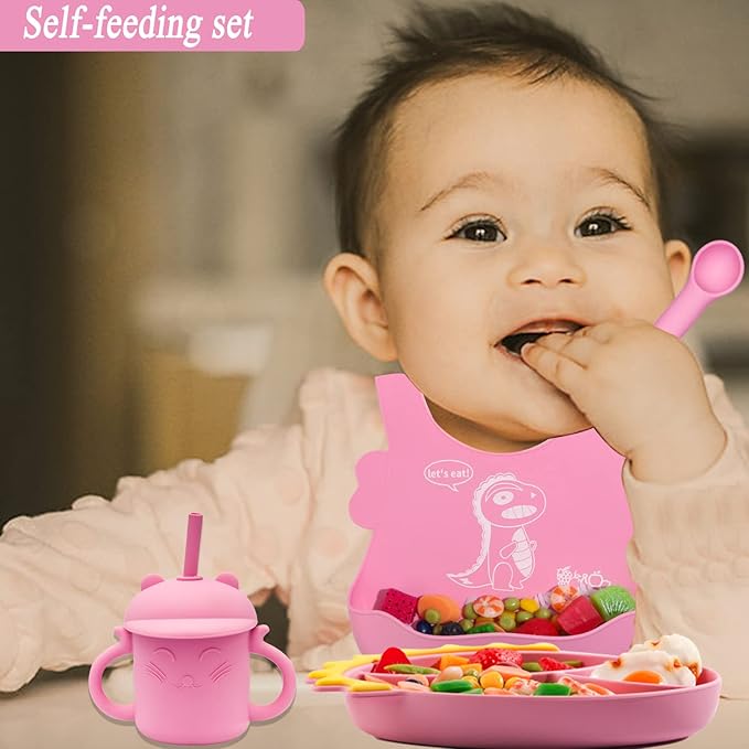 Silicone Suction Plates for Baby Toddler with Spoon Fork set Divided Dinosaurs Plates Self Feeding Training Baby Dinner Plate-Pink Dinosaurs Plate Set
