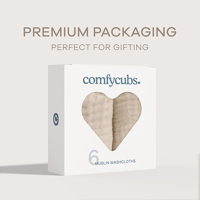 Comfy Cubs Muslin Baby Washcloths 6 Pack - Soft 6-Layer Cotton Wash Cloths for Sensitive Skin - 10"x10" Large, Gentle, Absorbent Infant Essentials for Newborn and Toddlers - Sand