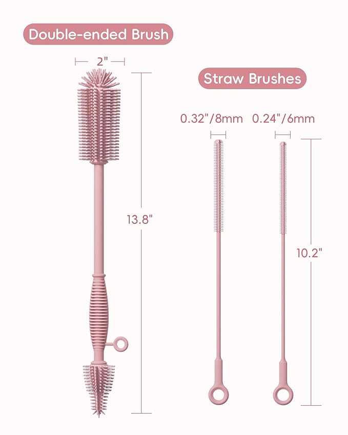 Baby Bottle Brush and Straw Cleaner Brush Set, Extra Long Double-Ended Soft Silicone Brush Cleaner for Baby Bottles, Water Bottles, Cups, Breast Pumps, Detachable & Hangable
