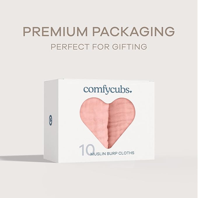 Comfy Cubs Muslin Burp Cloths 20" x 10", Pack of 10 - Large, 6-Layer, Ultra Absorbent 100% Cotton for Baby Drool and Messes - Soft, Safe & Gentle Baby Burp Cloths for Boys & Girls - Bold Blush