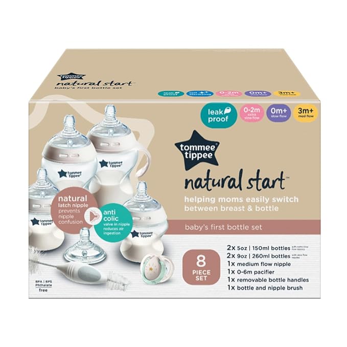 Tommee Tippee Natural Start Baby's First Bottle and Pacifier 8 Piece Set, 2 x 5oz and 2 x 9oz Anti-Colic BPA Free Bottles, 2 Extra Slow and Medium Flow Nipples, 2, 0-6 Month Pacifiers, Clear
