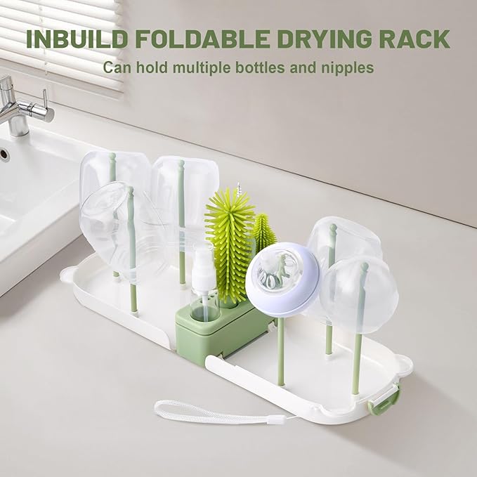 Baby Bottle Cleaner Brush Set Bottle Cleaner Brush Set Portable Bottle Cleaning Kit Set Silicone Brush, Nipple Brush, Straw Brush, Dispense Detergent Dispenser, Drying Rack - 6 in 1