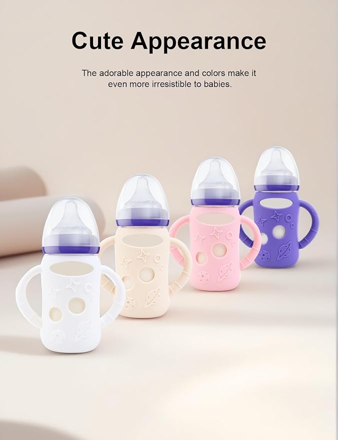 ZCH 4-Pack Silicone Sleeves for Lansinoh Glass Bottles, BPA-Free Drop-Resistant Baby Bottle Sleeves with Handles, Compatible with Lansinoh Anti-Colic Glass Baby Bottles (5 oz)