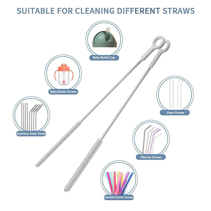 Reusable Silicone Straw Cleaner Brush Set, 2-Pack Extra Long Straw Cleaning Brush for Metal/Glass/Water Bottle/Drinking Straws, Flexible&Bendable Design, Dishwasher Safe, 6mm & 8mm Diameter
