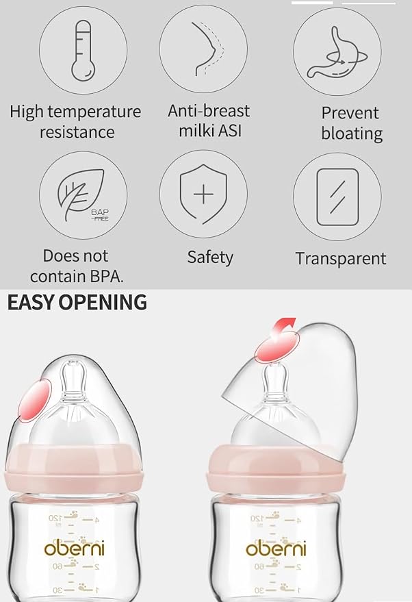 Glass Baby Bottles,Anti Colic Breastfeeding Bottle with Natural Response Nipple Size S,Wide Neck Slow Flow Baby Bottle for Baby,Newborn,Preemie 0-3 0-6 Month,BPA Free (Pink, 2 Pack, 4 Ounce)