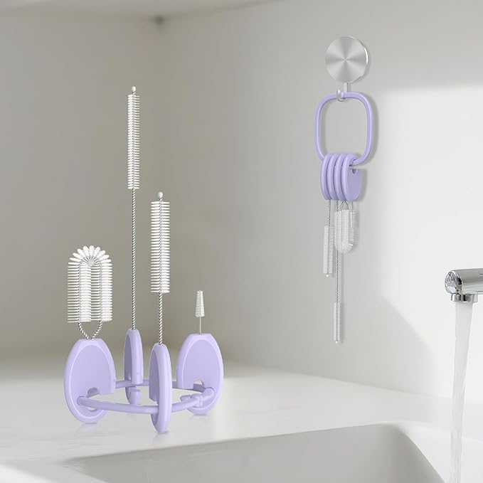 YOTIME Standing Straw Cleaner Brush Set, 4in1 Reusable Straw Brushes with Holder Ring, for Baby Bottles, Sippy Cups and Lids, Purple