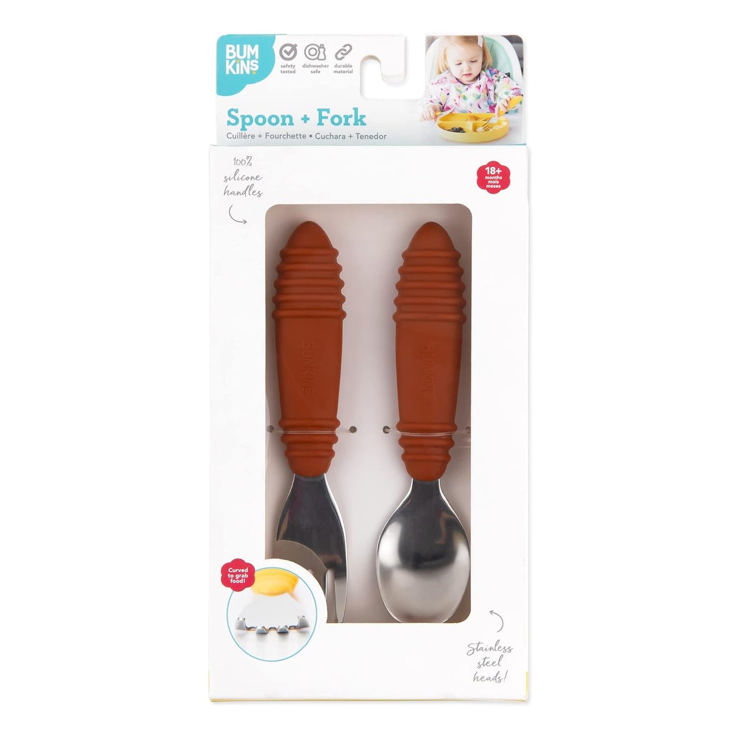 Bumkins Toddler Utensils, Kids Size Fork and Spoon Set, Silicone and Stainless-Steel Training Silverware, Angled Forks/Sporks for Self-Feeding, Children Hold Learning to Eat, 18 Months Up, Clay