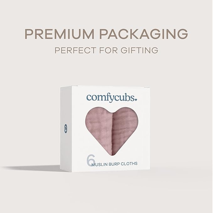 Comfy Cubs Muslin Burp Cloths 20" x 10", Pack of 6 - Large, 6-Layer, Ultra Absorbent 100% Cotton for Baby Drool and Messes - Soft, Safe & Gentle Baby Burp Cloths Set for Boys & Girls - Mauve