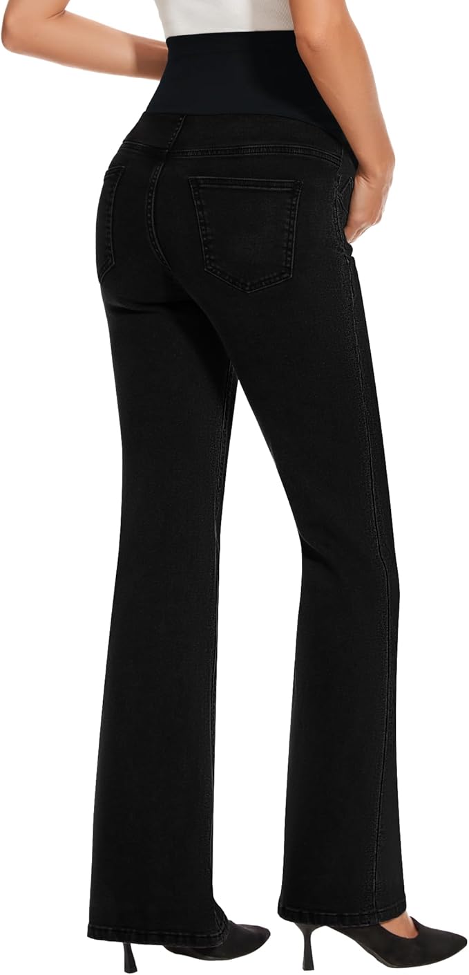 GLAMIX Women's Stretch Maternity Bootcut Jeans with Pockets Over The Belly Bell Bottoms Flare Denim Pants Pregnancy Clothes