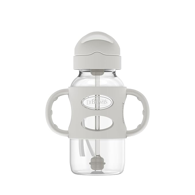 Dr. Brown's Milestones Wide-Neck Sippy Straw Bottle with 100% Silicone Handles and Weighted Straw, 9 oz/270 mL, Gray, 6m+