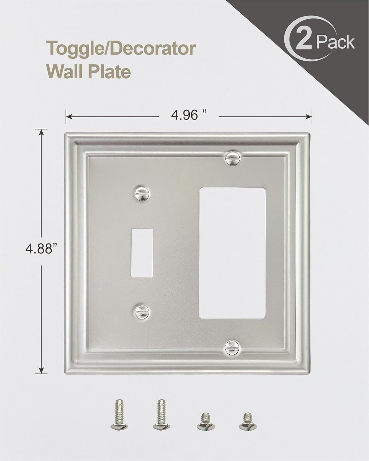 2-Pack Combination 1 Toggle/1 Decorator Wall Plate, Metal Switch Plate and Outlet Cover, Satin Nickel, Midsize, A035 Series