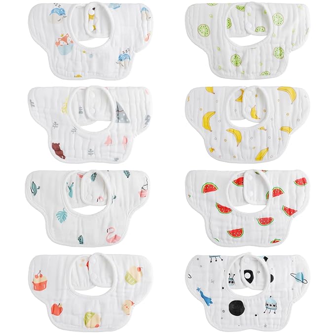 8-Pack 360Β° Rotate Organic Cotton Baby Bibs, Newborn Muslin Bibs For Teething And Drooling,Unisex Baby Bibs For Toddler, Adjustable With Snaps, Super Soft & Absorbent Baby Bibs For Boys And Girls.