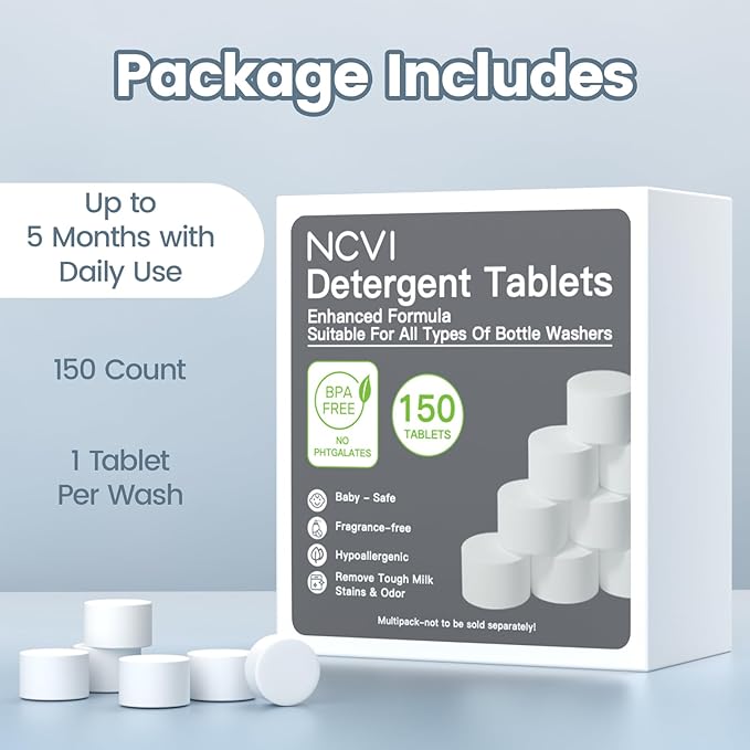 NCVI 150 PCS Detergent Washing Tablets Compatible with Momcozy, Baby Brezza, GROWNSY Bottle Washers, Effective Cleaning & Easy to Use, and Suitable for All Baby Bottle Washers