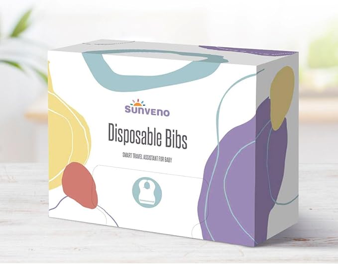 SUNVENO Disposable Baby Bibs with Crumb Catcher Pocket, Leakproof Liner, Adjustable Adhesive Tabs, Individually Wrapped