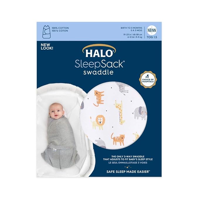 HALO 100% Cotton Sleepsack Swaddle, 3-Way Adjustable Wearable Blanket, TOG 1.5, Jungle Cotton, Newborn, 0-3 Months