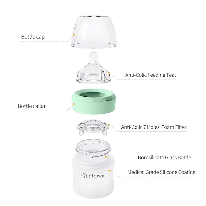 Yooforea Silicone Coated Glass Baby Bottle, 2M+ Medium Flow Nipple I Anti-Colic, Wide Neck, Stable Base I Medical-Grade Silicone Coating for Shatter Protection, BPA BPS PVC Free (2 Pack, 5 Ounce-Tea)