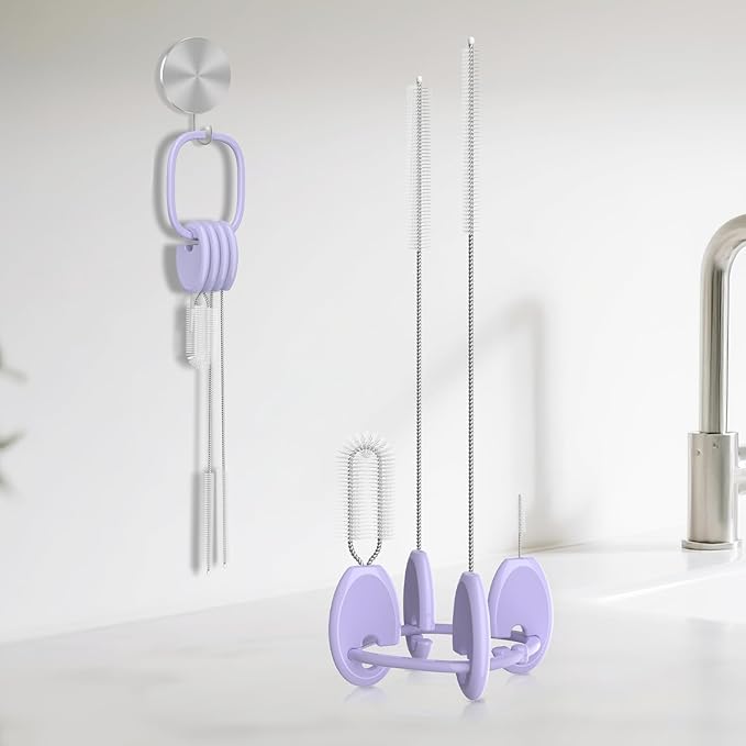 YOTIME Standing Straw Cleaner Brush Set, 4in1 Reusable Straw Brushes with Holder Ring, for Wide and Narrow Straws, Tumblers, Water Bottles and Cups, Purple