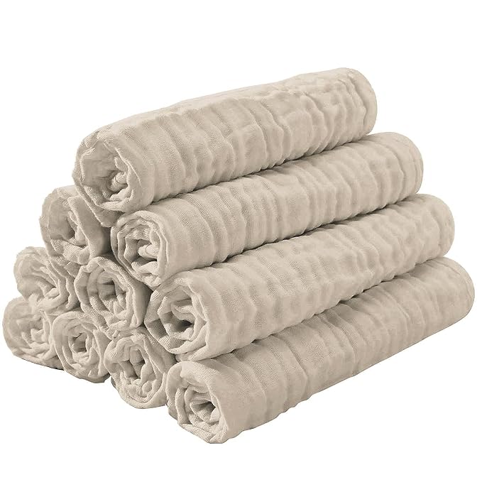 Yoofoss Muslin Burp Cloths for Baby 10 Pack 100% Organic Cotton Baby Washcloths for Boys Girls Large 20''X10'' Super Soft and Absorbent Apricot White