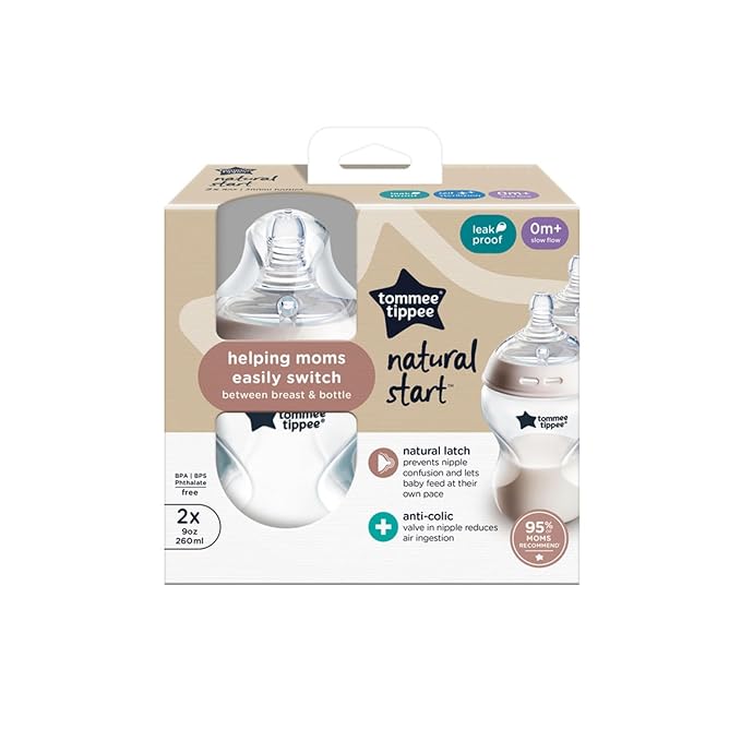 Tommee Tippee Natural Start Anti-Colic 9 oz BPA Free Baby Bottles, 0+ Months, Slow Flow Breast-Like Nipple, Self Sterilizing, Designed for Seamless Transition Between Bottle & Breast, Clear, Pack of 2