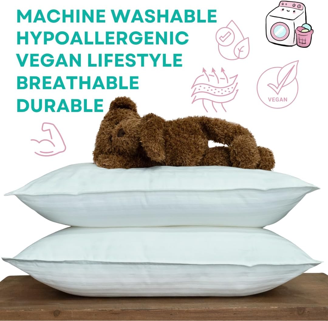 kinder Fluff Children Pillows (2X) - The Only Twin Pillows for Kids 300T Cotton Shell & Down Alternative Fill - Ideal for Travel, Bedding Set & Floor Cushions (16x24in - White)