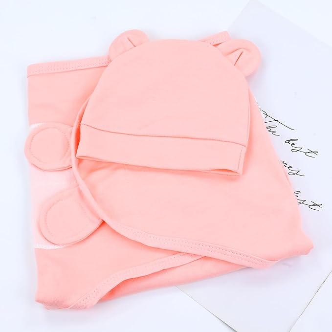 Cinaci 2 Pack Adjustable Soft Cotton Blend Newborn Baby Receiving Swaddle Blankets Sleep Sacks with Nursery Hats Caps Beanies Bonnets for Baby Girls Boys Newborns Infants