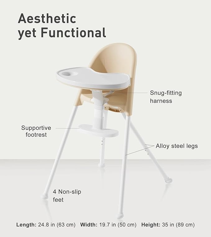 Funny Supply 3-in-1 Cute Folding High Chair, High Chairs for Babies and Toddlers, Modern Space Saving Highchair with Removable Double Tray, Easy to Clean, Light Weight Baby Feeding Chair, Cream