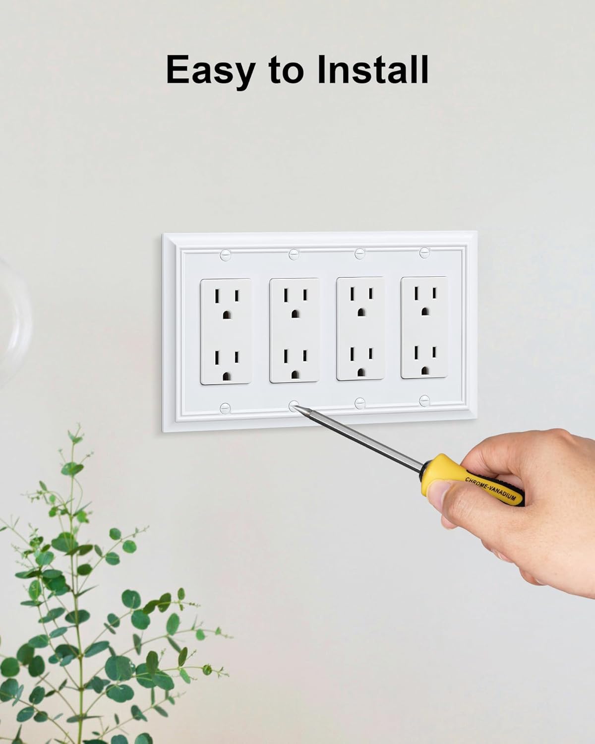 2-Pack Quad Decorator Wall Cover Plate, Pure White Decorative Switch Plates and Outlet Covers, Natural Bamboo Fiber 4 Gang Wall Plate for Electrical Outlets, Receptacle, GFCI Outlet, Dimmer Switch