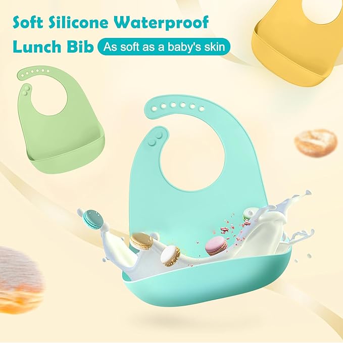 Silicone 8-Pack Bibs for Babies Toddlers Girls| Adjustable Waterproof BPA Free Soft Durable Bibs for eating with Large Pocket Food Catcher,Dishwasher Safe