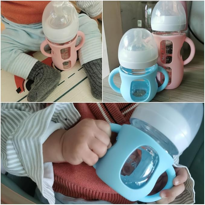 4 Pack Silicone Sleeves for Avent Natural Glass Baby Bottles, Silicone and Easy-Grip Handles for Drop Protection, Compatible with Philips Avent 4/8 OZ Glass Bottle (Light Blue, 8 OZ)
